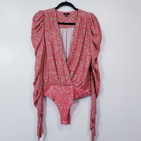 AFRM Ditsy Dana Bodysuit Puff Long Sleeves Plunging Neckline - Picture 2 of 11